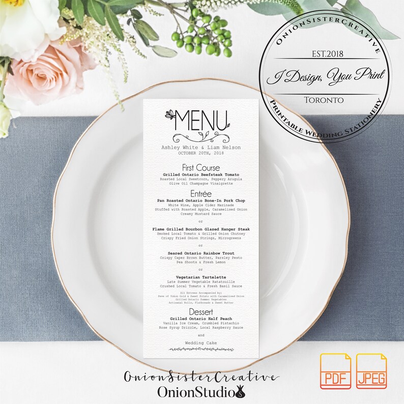 Hand Drawn Floral Wedding Menu Template,Printable Wedding Rehearsal Dinner Menu Cards,Modern Wedding Table Decor,Simply Wedding Invitation