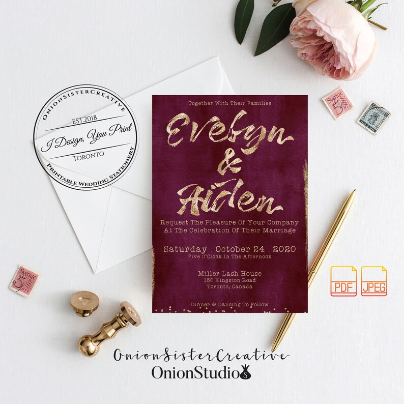 Burgundy Wedding Invitation Set,Printable Wedding Invitation,Gold Foil Wedding Invites,Letterpress Font Wedding Card,Rustic Wedding Suite