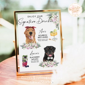 Rosa peonía flores boda firma bebidas signo perros, boda rústica cóctel bebida mascota, Boho boda Bar signo, signos de boda personalizados