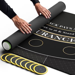 Newverest Blackjack Mat 70" x 30" in Zipper Storage Bag with 8 Coasters in Gift Box | Golden Black