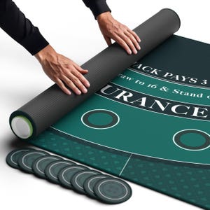 Newverest Blackjack Mat 70" x 30" in Zipper Storage Bag with 8 Coasters in Gift Box | Traditional Green