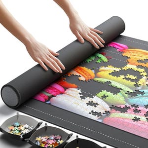 Newverest Jigsaw Roll Up Puzzle Mat Up to 1500 Pieces with Non-Slip Rubber Bottom & Smooth Top + 3 Sorting Trays | 46” x 26”