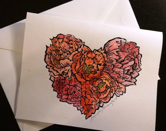 Watercolor Floral Heart-Hand printed, embossed, and watercolor