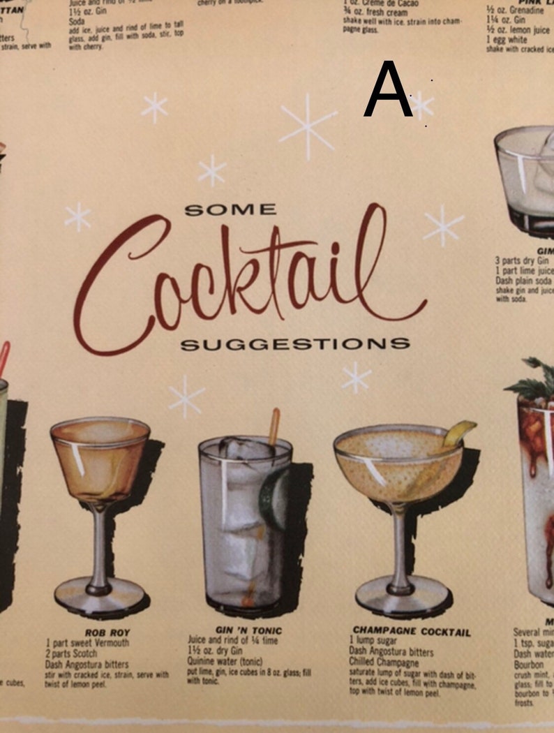 Vintage Cocktail Recipe Placemat/ Paper Cocktail Placemat/mid Etsy