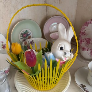 Vintage Easter bunny in basket with flowers/kitsch Easter flower basket/mid century easter decoration/whimsical Easter plastic bunny