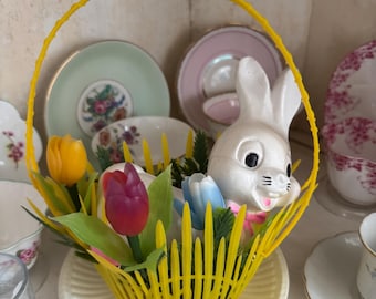 Vintage Easter bunny in basket with flowers/kitsch Easter flower basket/mid century easter decoration/whimsical Easter plastic bunny