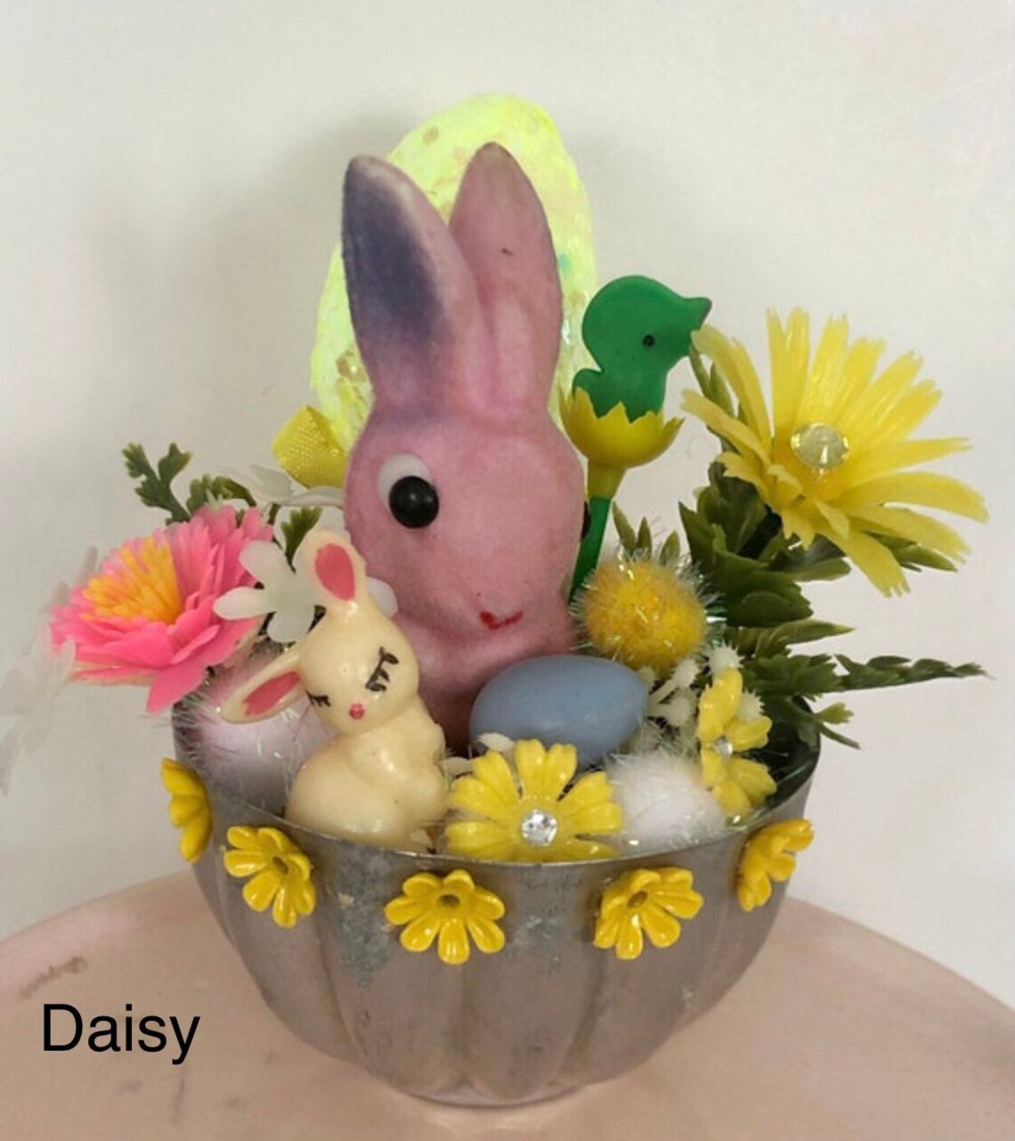 Vintage Mini Flocked Easter Chick/kitsch Flocked Easter Bunny in Basket ...