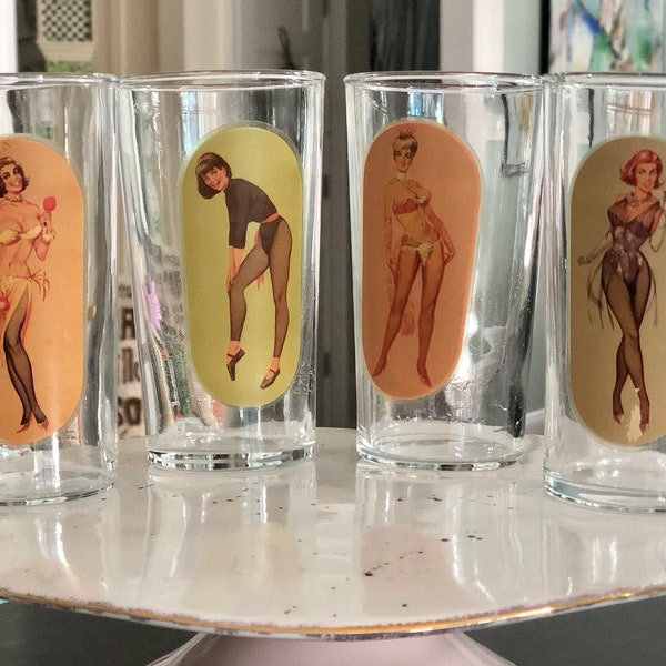 Vintage Peek-a-boo drinking glasses/peek a boo glasses/sip and strip glasses/vintage pin up glasses/Mystic follies glasses