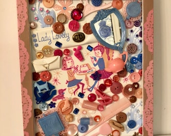 Vintage girls toys/mid century toys/lets pretend vintage/Mixed Media Art |button Art |vintage toys |50th birthday/60th birthday