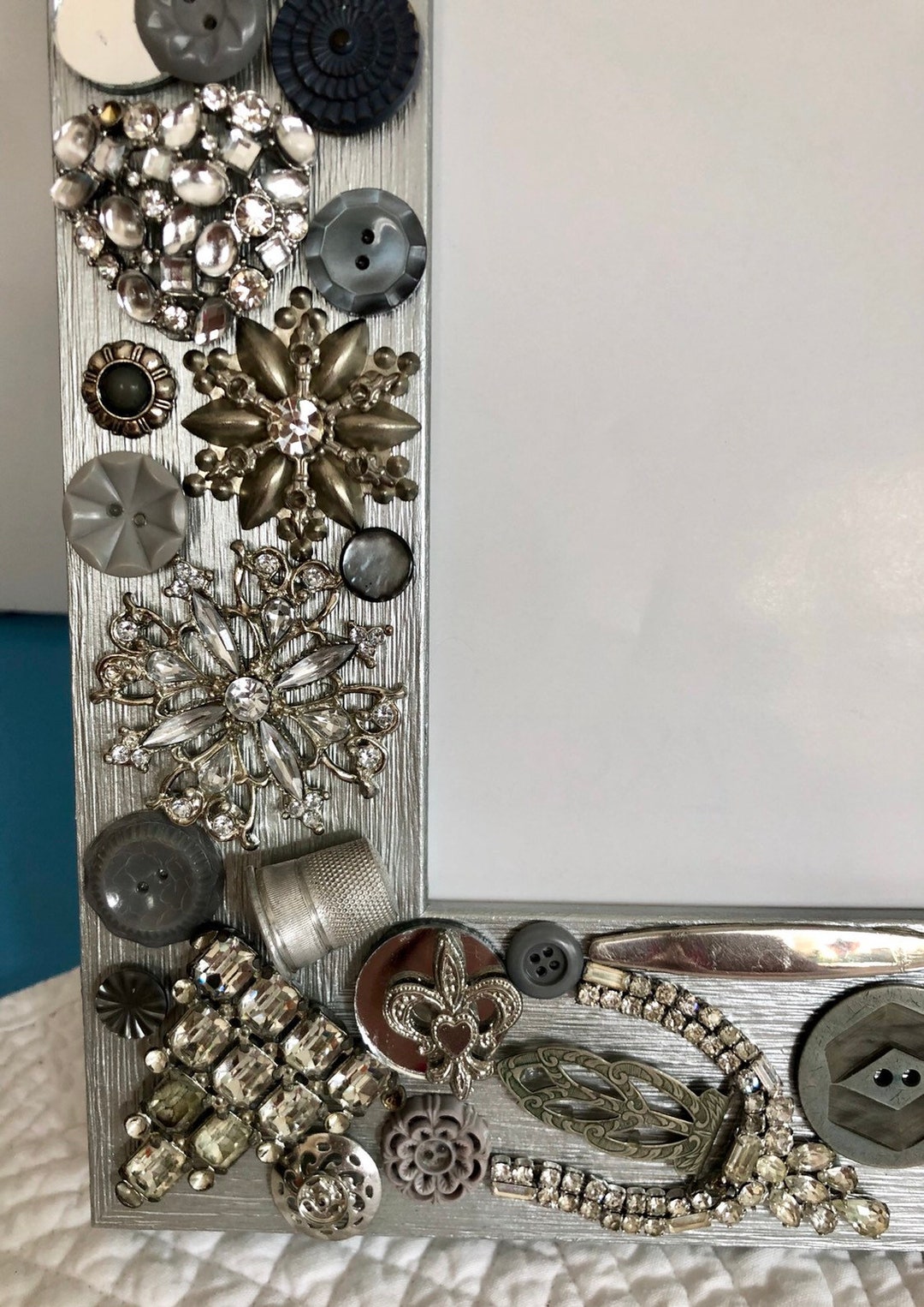 Silver Frame With Rhinestones/mixed Media Frame With Buttons/rhinestone ...