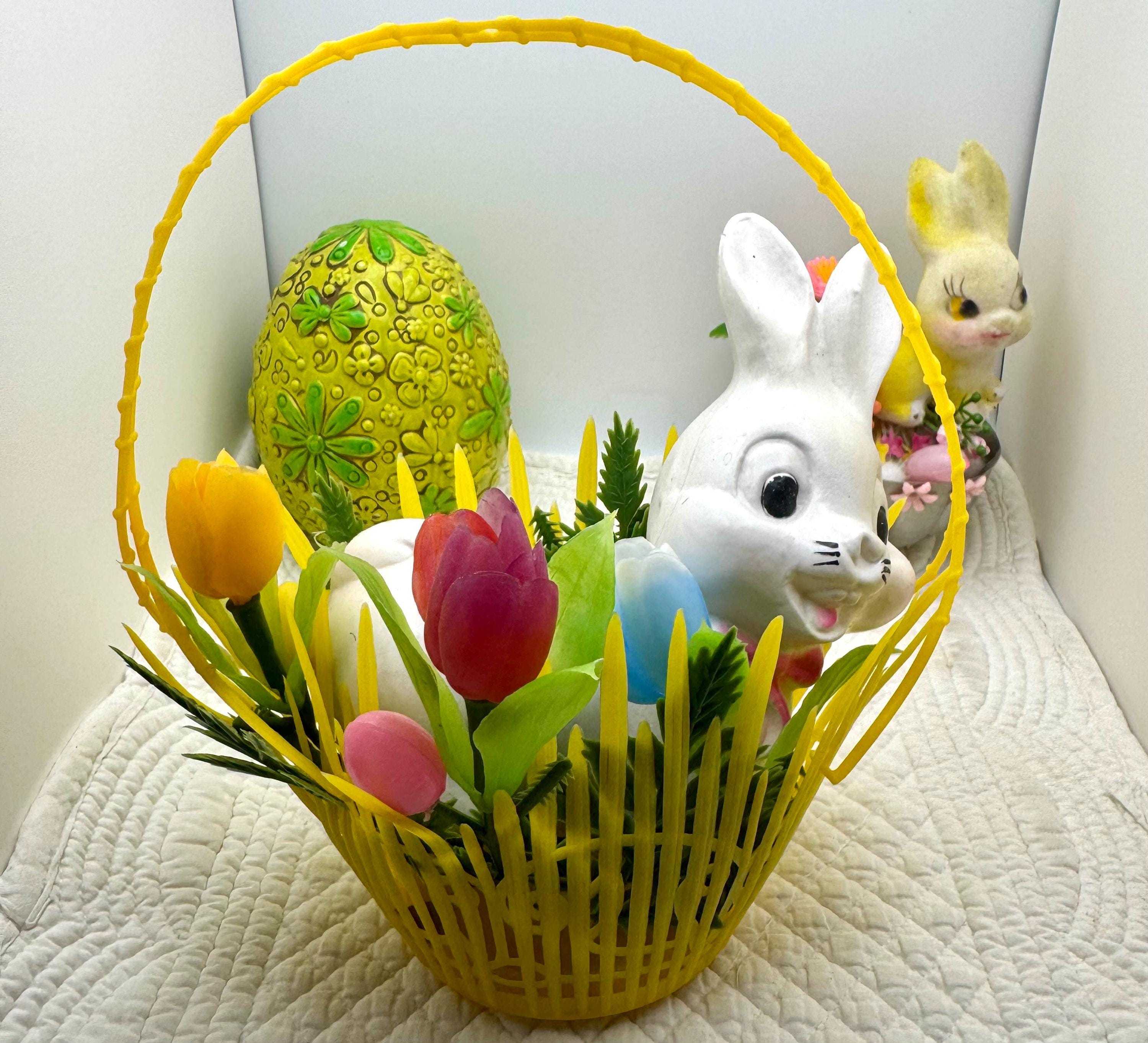Vintage Easter Bunny in Basket With Flowers/kitsch Easter Flower
