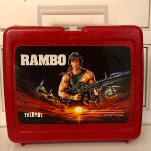 Rambo Green Camo Tin Metal Lunchbox and Thermos Cup 1985 Thermos Anabasis  USED - We-R-Toys