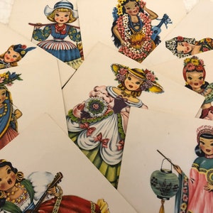 Cartões de felicitações vintage/meninas de todo o mundo/vestidos nativos de meninas/cartão de menina holandesa/menina da Irlanda/bonecas vintage de muitas terras