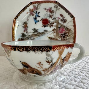 Antique Kutani Japanese porcelain cup saucer/Vintage hand painted tea cup/Japanese eggshell porcelain tea cup birds/Nine valleys porcelain