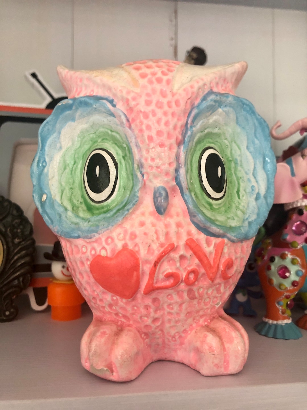 Vintage Chalk Ware Groovy Owl Love Bank/vintage Flower Power Bank/hippy