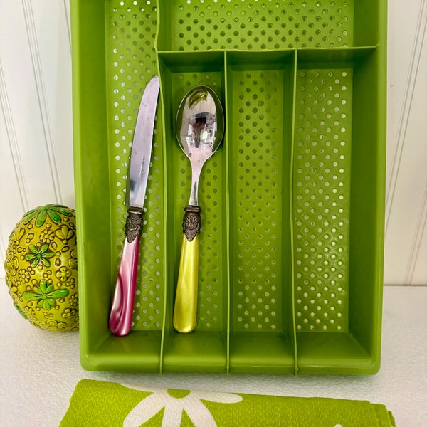 mid century silverware tray/vintage green flatware tray/1970s kitchen utensils tray/groovy kitchen silverware tray