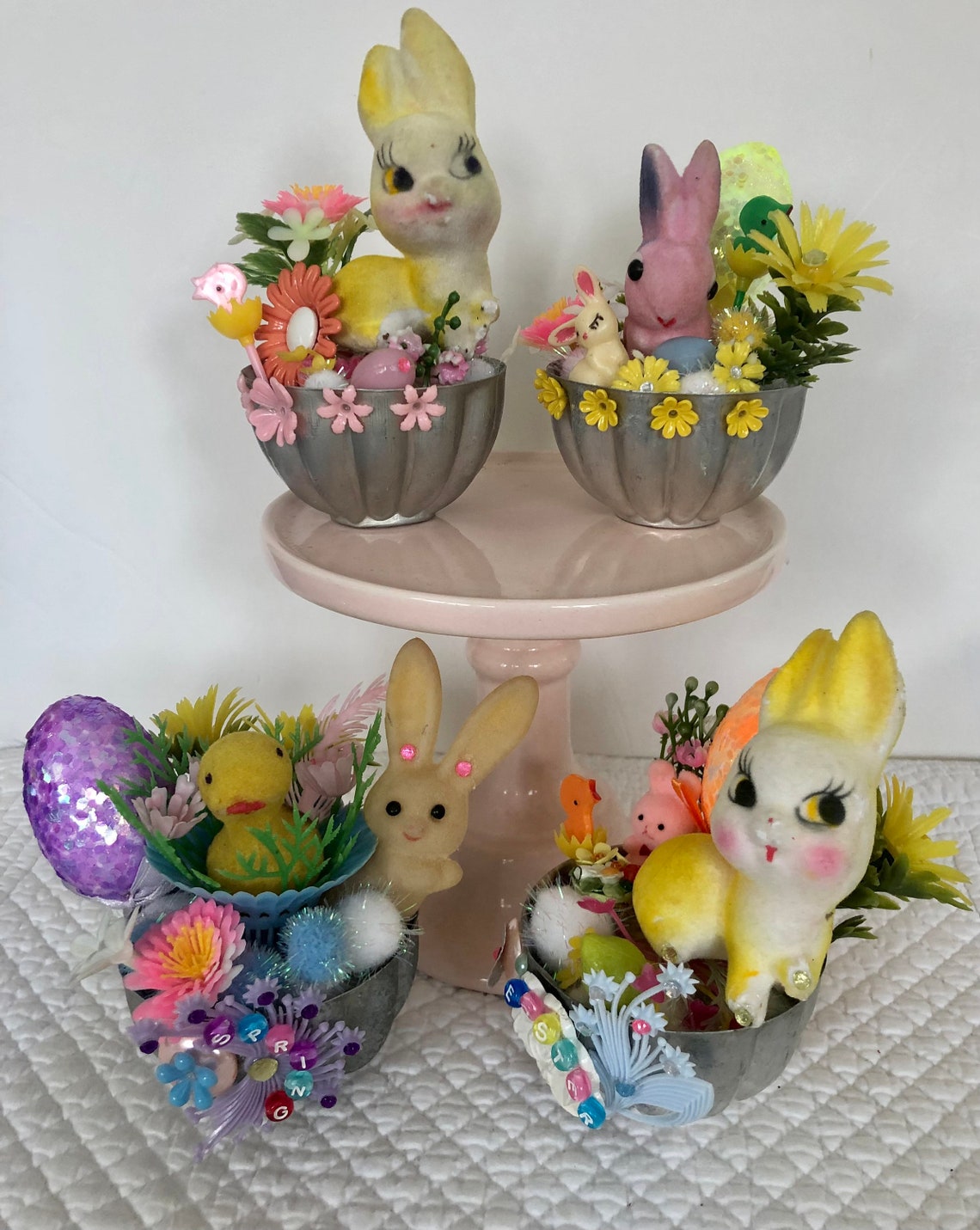 Vintage Mini Flocked Easter Chick/kitsch Flocked Easter Bunny in Basket ...