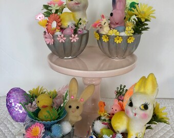 Vintage mini flocked Easter chick/kitsch flocked Easter bunny in basket/ blow mold plastic Easter flower basket/plastic mid century Easter
