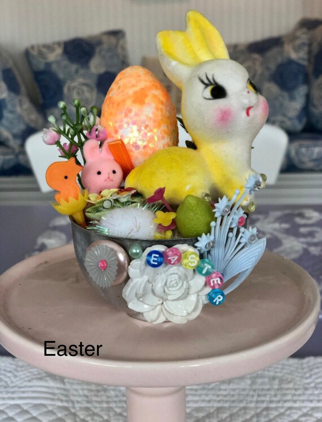 Vintage Mini Flocked Easter Chick/kitsch Flocked Easter Bunny in Basket ...