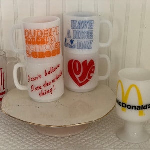 vintage milk glass peace love mugs/Far out groovy mug/Flower Power mug/Mod 1970s milk glass mug/ Can’t believe I ate the whole thing mug