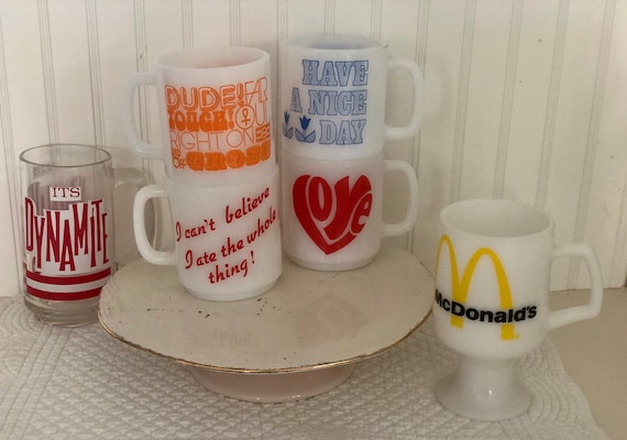 Vintage Milk Glass Peace Love Mugs/far Out Groovy Mug/flower Power Mug/mod  1970s Milk Glass Mug/ Cant Believe I Ate the Whole Thing Mug 