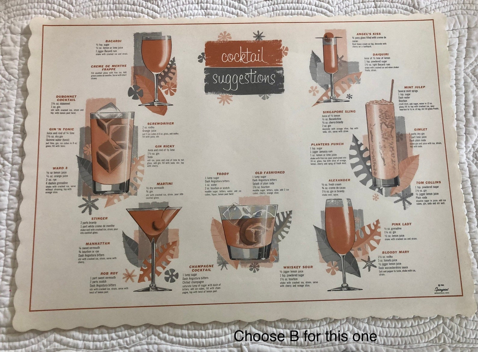 Vintage Cocktail Recipe Placemat/ Paper Cocktail Placemat/mid Etsy