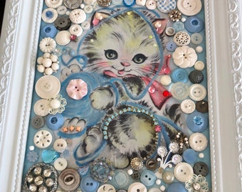 Vintage kitten cat art/vintage kitty cat Art/kitten on canvas/kitten Button Art /kitten Art on Canvas/kitten Art |mixed Media kitten| OOAK
