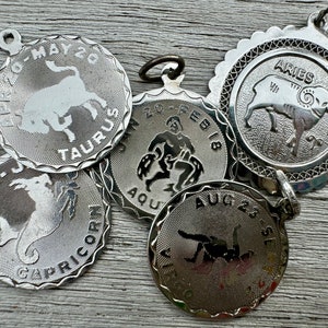 Vintage silver pendants charms/zodiac silver charm/horoscope zodiac charm Gemini/Aquarius charm/Virgo Charm/Aries charm