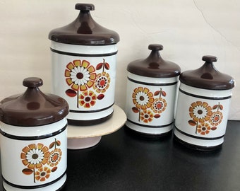 Vintage flower power groovy tin canisters/1970s tin canisters/1970s Lincoln Beauty Ware nesting canisters/mid century tin canisters