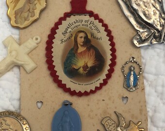 Mid century catholic charms/vintage scapular/vintage plastic cross/mid century catholic medals/religious trinkets/catholic craft destash/