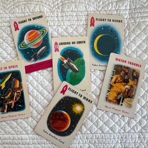 Vintage ruimtespeelkaarten uit het atoomtijdperk 6 stuks/vintage kosmische ruimteillustraties/vintage raketten/vintage planeten/atomaire ruimtevaarderskaart