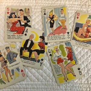 dirty joke playing cards 6pc/Korean War era naughty joke cards/risque nudie humor playing cards/bachelor party jokes/stag party humor