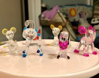 Vintage crystal pet animals 6pc/ crystal pets figurines/crystal pet elephant/clear plastic animal figurines/lucite animals