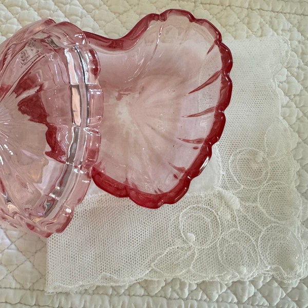 Vintage pink glass heart box/heart shape pink box/pink trinket box and white hankerchief/heart shaped box and hanky gift set