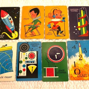 Vintage outer space childrens playing cards 8pc/vintage illustrations/vintage rockets/kids spaceship/rocket illustrations/atomic age Space-o