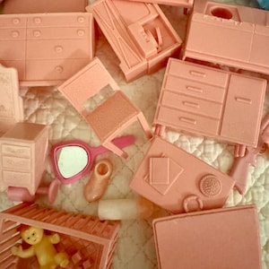 Vintage pink doll house pcs/vintage Superior doll house furniture/17 pc miniature pink furniture lot/mini 1960s toys