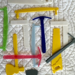 Vintage miniature tool kit/mini plastic tools/made in Hong Kong toy tools/mini ax/mini pick ax/mini saw/miniature level
