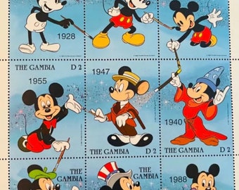 Vintage Mickey Mouse Postage Stamps Gambia 1988, pack of 9/Mickey Mouse Thru The Years 60th birthday stamp set/Mickey Mouse Stamps