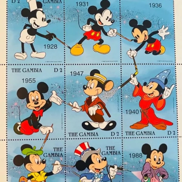 Vintage Mickey Mouse Briefmarken Gambia 1988, 9er-Pack/Mickey Mouse Thru The Years Stempelset zum 60. Geburtstag/Mickey Mouse Briefmarken