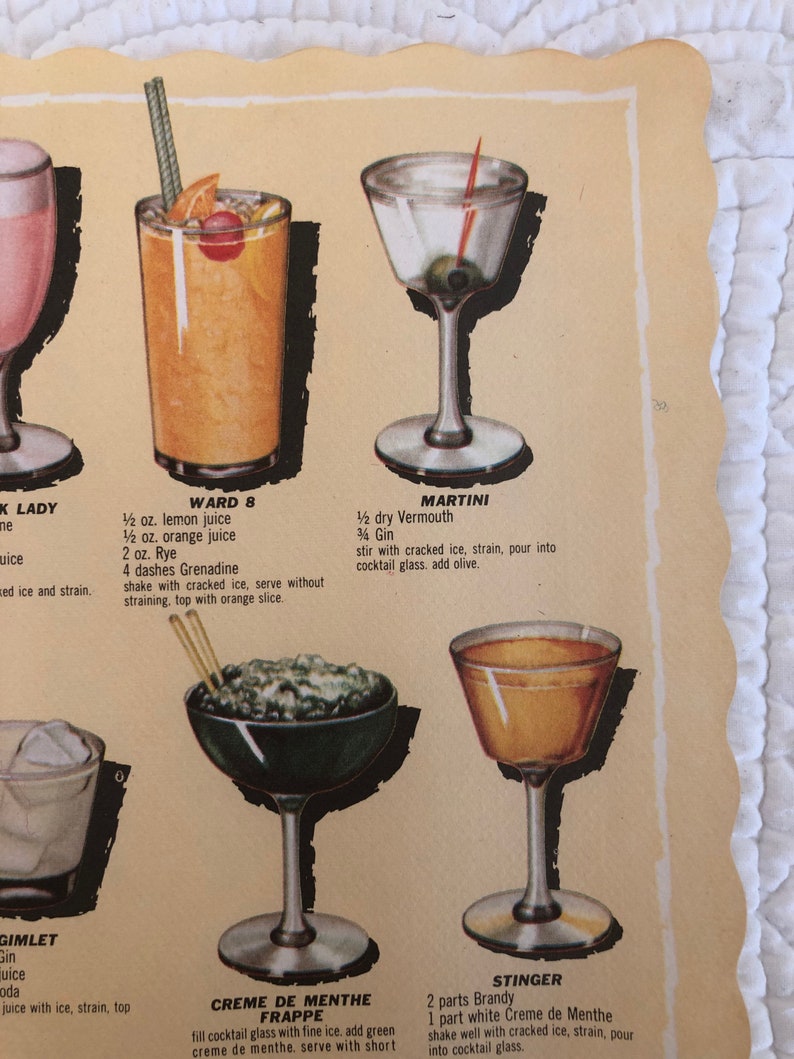 Vintage Cocktail Recipe Placemat/ Paper Cocktail Placemat/mid Etsy