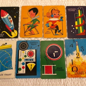 Cartas de baralho infantis vintage do espaço sideral 8 peças/ilustrações vintage/foguetes vintage/nave espacial infantil/ilustrações de foguetes/era atômica Space-o