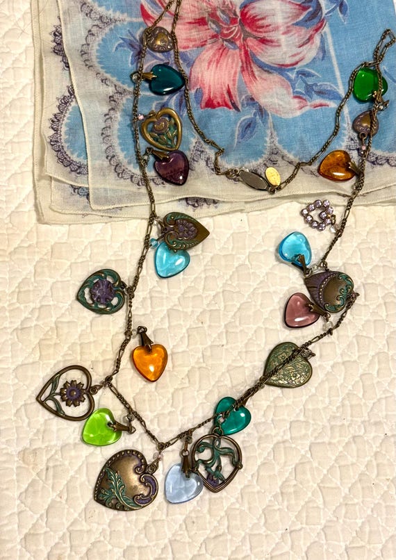 Vintage Glass Works Studio necklace/1980s heart brass charm necklace/Glass heart charm necklace/boho brass glass necklace