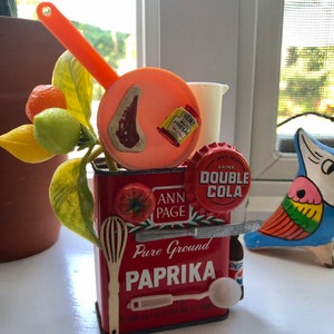 Vintage tin spice can/up cycled tin Ann Page paprika tin can/window sill art/doll house miniature pieces