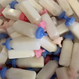 Vintage miniature baby bottles 24pc/tiny pink gum ball baby bottle/Mini blue baby bottle/Vintage gumball prize/Cracker Jack baby bottle