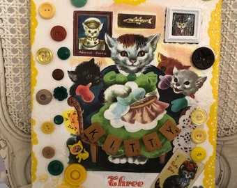 Arte de gatitos vintage/Tres gatitos pequeños/Arte de gatitos de mediados de siglo/Habitación infantil/Gatitos adorables/Regalo para baby shower/Decoración infantil