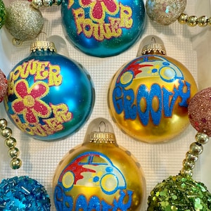 Vintage groovy Christmas Ornaments/flower power Christmas ornament/Vintage VW bug Christmas/Krebs groovy vintage Christmas