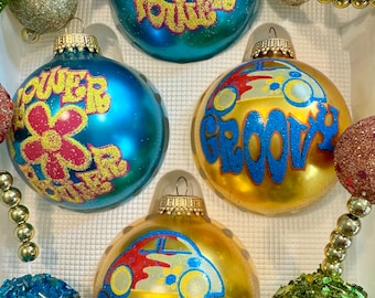 Vintage groovy Christmas Ornaments/flower power Christmas ornament/Vintage VW bug Christmas/Krebs groovy vintage Christmas