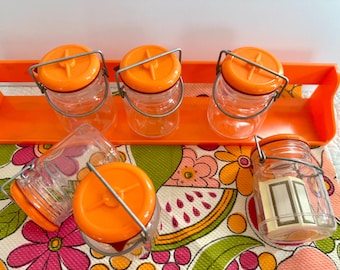 Vintage Orange Canister Jar Set/6pc Storage Jar With Shelf/1970s