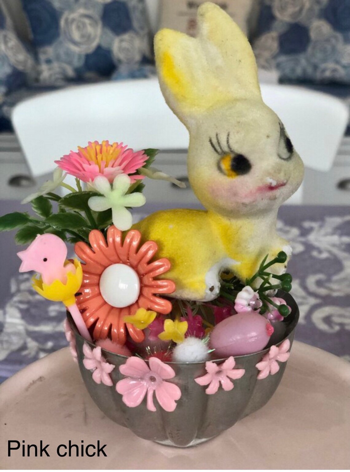 Vintage Mini Flocked Easter Chick/kitsch Flocked Easter Bunny in Basket ...