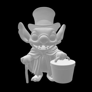 May include: A 3D-printed figure of Stitch, the alien character, in a top hat and cape, holding a bucket and cane. The figure is a light gray color against a black background.